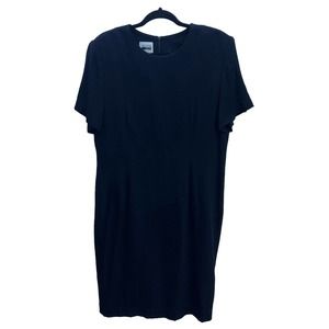 Vintage Leslie Fay Midi Dress Women's 16 Black Short Sleeve Zip Shoulder Pads